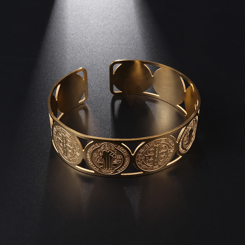 Klassikaline katoliku roostevabast terasest Saint Benedicti manseti käevõru meestele Reguleeritava suurusega San Benito käevõrud Punk ehted