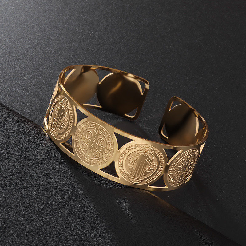 Klassikaline katoliku roostevabast terasest Saint Benedicti manseti käevõru meestele Reguleeritava suurusega San Benito käevõrud Punk ehted