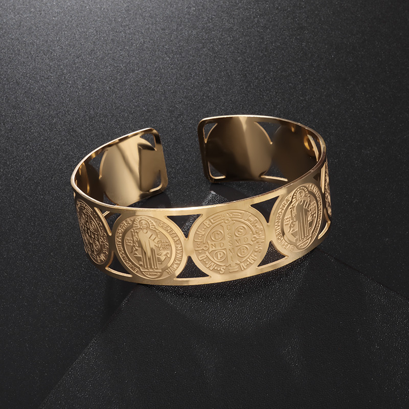 Klassikaline katoliku roostevabast terasest Saint Benedicti manseti käevõru meestele Reguleeritava suurusega San Benito käevõrud Punk ehted