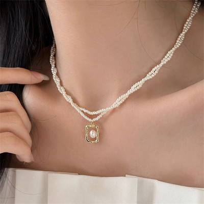 2023. gada jauna modes Kpop Pearl Choker kaklarota Jauka divslāņu kvadrātveida kulonu kaklarota ar pērlītēm sievietēm, rotaslietas, meitenes dāvana