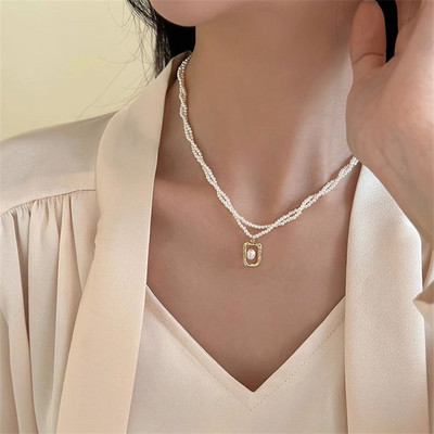 2023 m. naujos mados Kpop Pearl Choker karoliai Mieli dvigubo sluoksnio kvadratiniai pakabukai su karoliukais karoliai moterims, papuošalams, mergaitei