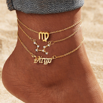 Set 3 bucăți/set de glezne constelație pentru femei, lanț de zale de culoare aurie, brățară cu semn zodiacal, bijuterii prietenie, cadou de zi de naștere