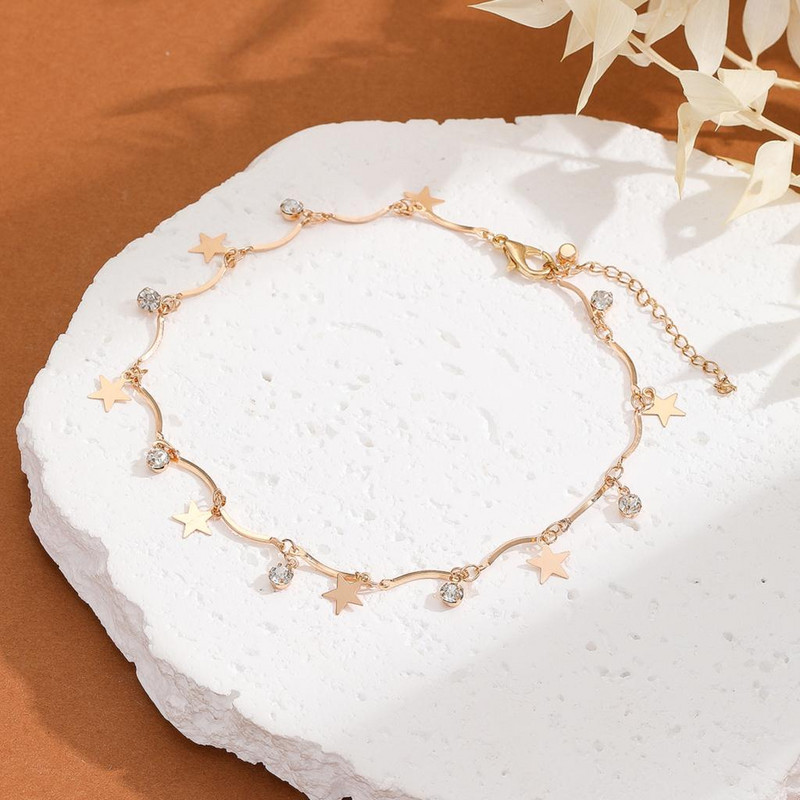 Cxwind Madinga ir populiari korėjietiška kulkšnies grandinėlė su ryškia auksine pentagrama ir septyniomis ryškiomis akmeninėmis kulkšnies grandinėmis gimtadienio dovana