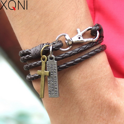 XQNI New Fashion Bandage Buckle Key Pattern Кожена гривна Bangles популярна кафява кръстна гривна за приятелство за мъж