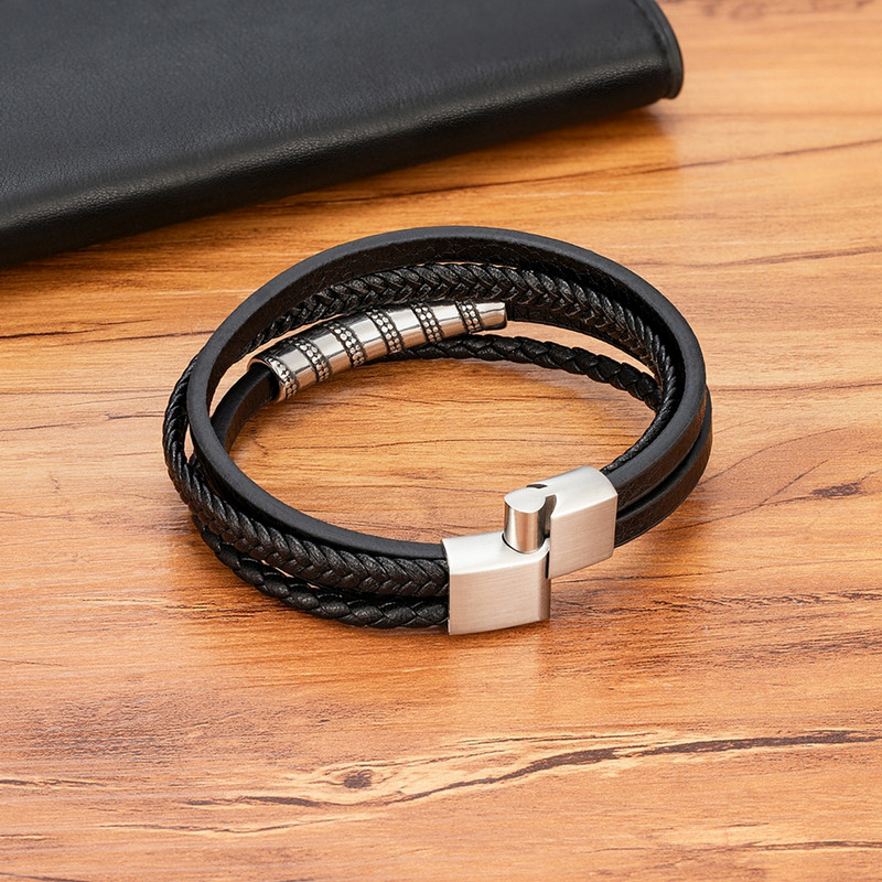 XQNI juodos odinės daugiasluoksnės virvelės apyrankės vyrams nerūdijančio plieno magnetinės užsegimo apyrankės vyriškiems papuošalams dovana