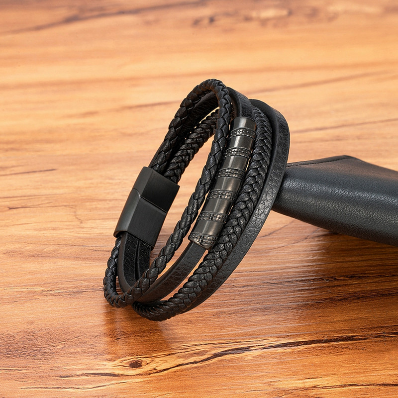 XQNI juodos odinės daugiasluoksnės virvelės apyrankės vyrams nerūdijančio plieno magnetinės užsegimo apyrankės vyriškiems papuošalams dovana