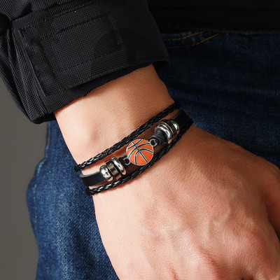 Punk mitmekihiline punutud nahast käevõru meestele Mood jalgpall Korvpall Võrkpall sulamist nööbiga käevõru Lahedad peoehted