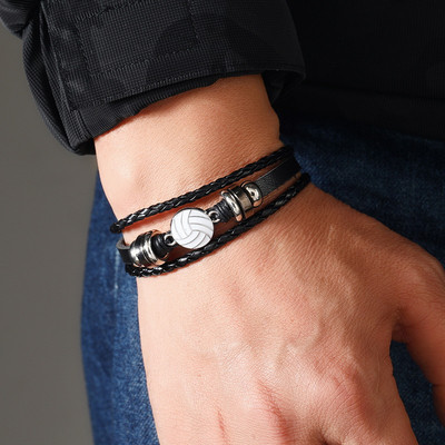 Punk mitmekihiline punutud nahast käevõru meestele Mood jalgpall Korvpall Võrkpall sulamist nööbiga käevõru Lahedad peoehted