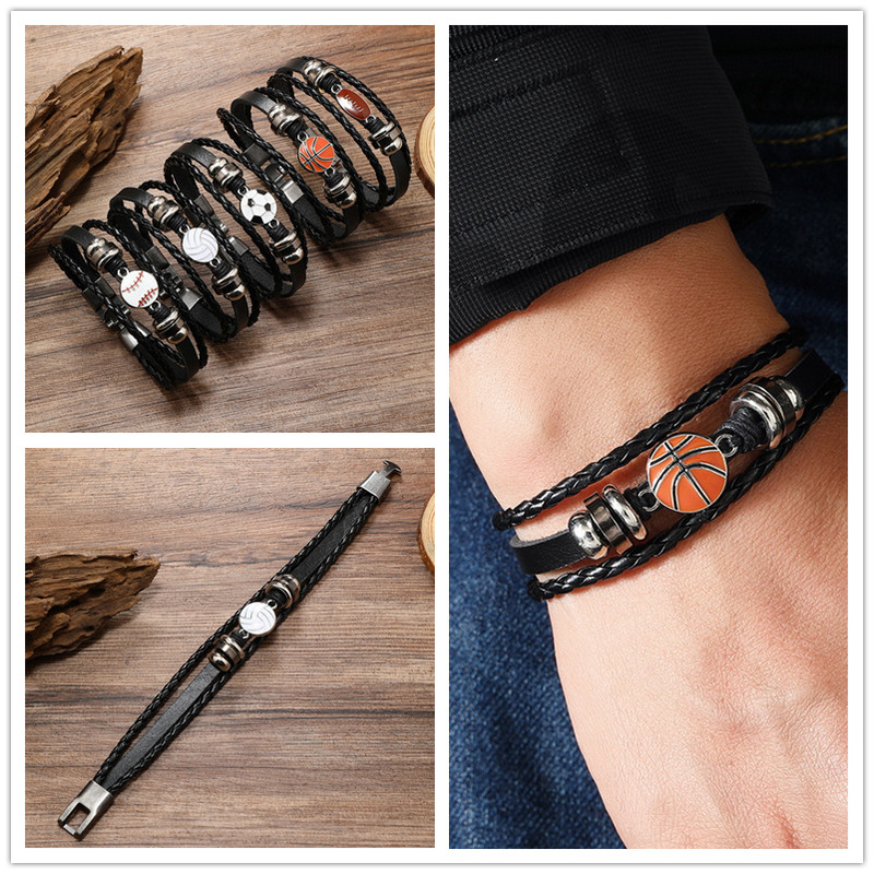 Punk mitmekihiline punutud nahast käevõru meestele Mood jalgpall Korvpall Võrkpall sulamist nööbiga käevõru Lahedad peoehted