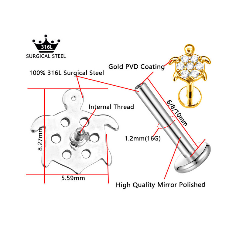 Vėžliai Labret Stud CZ cirkonio vidinis siūlas Auskaras Daith Conch Auskarai Gyvūnų lūpa Monroe Papuošalai 316L Chirurginis Plienas