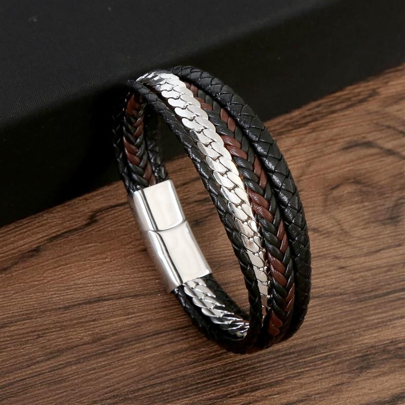 Madinga naujo stiliaus nerūdijančio plieno vyriška odinė apyrankė Rankomis austi kelių sluoksnių kombinuoti aksesuarai Klasikinė apyrankė Didelis išpardavimas