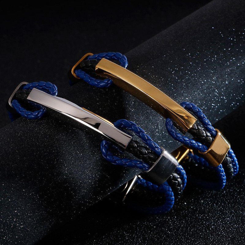 Luksuslik punutud kolmekihiline sinine nahast käevõru meeste kullavärvi roostevabast terasest reguleeritav meeste võlu käevõrud käevõrud