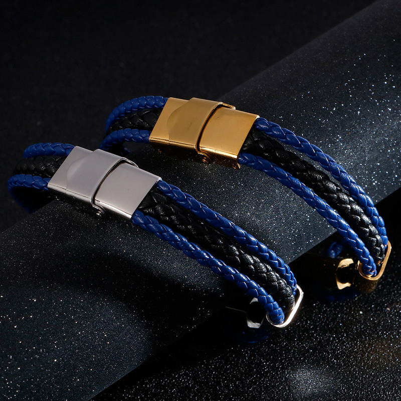 Luksuslik punutud kolmekihiline sinine nahast käevõru meeste kullavärvi roostevabast terasest reguleeritav meeste võlu käevõrud käevõrud