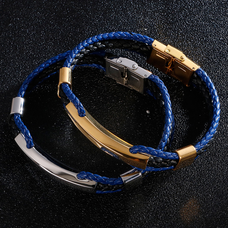 Luksuslik punutud kolmekihiline sinine nahast käevõru meeste kullavärvi roostevabast terasest reguleeritav meeste võlu käevõrud käevõrud