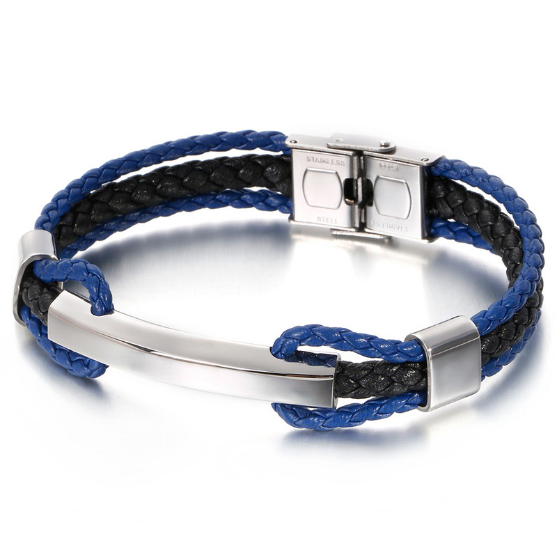 Luksuslik punutud kolmekihiline sinine nahast käevõru meeste kullavärvi roostevabast terasest reguleeritav meeste võlu käevõrud käevõrud