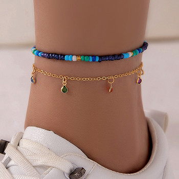 Tocona Bohemian Colorful Beaded Gravel Double Layer Feet Chain Men and Women Geometric Alloy Drop Oil Anklet Летни бижута