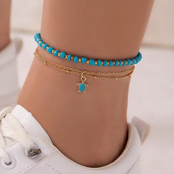 Tocona Bohemian Colorful Beaded Gravel Double Layer Feet Chain Men and Women Geometric Alloy Drop Oil Anklet Летни бижута
