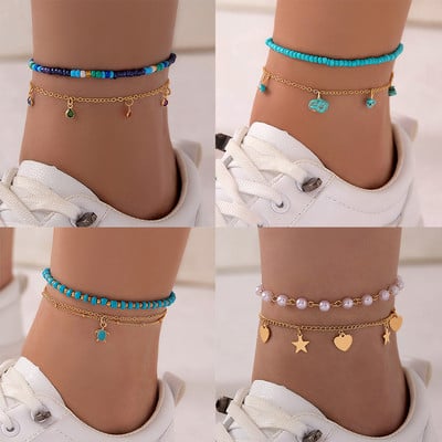 Tocona Bohemian Colorful Beaded Gravel Double Layer Feet Chain Men and Women Geometric Alloy Drop Oil Anklet Летни бижута