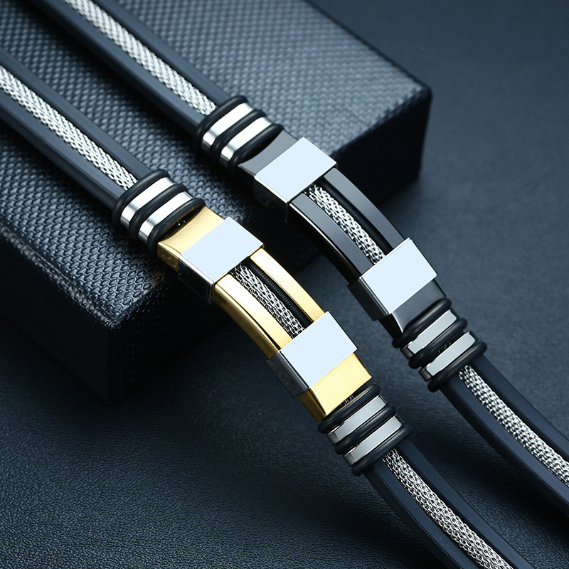 „Vnox“ nerūdijančio plieno apyrankė vyriška apyrankė, juoda su grioveliais, silikoninė tinklelio jungtis, įdėta pankiška apyrankė, stilinga laisvalaikio apyrankė