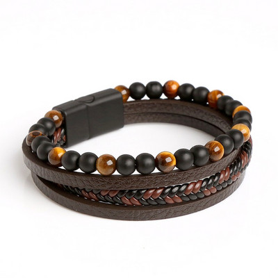 Δερμάτινο ανδρικό βραχιόλι Κλασική μόδας Tiger Eye Beaded Multi Layer Δερμάτινο βραχιόλι για άνδρες Δώρο κοσμήματος
