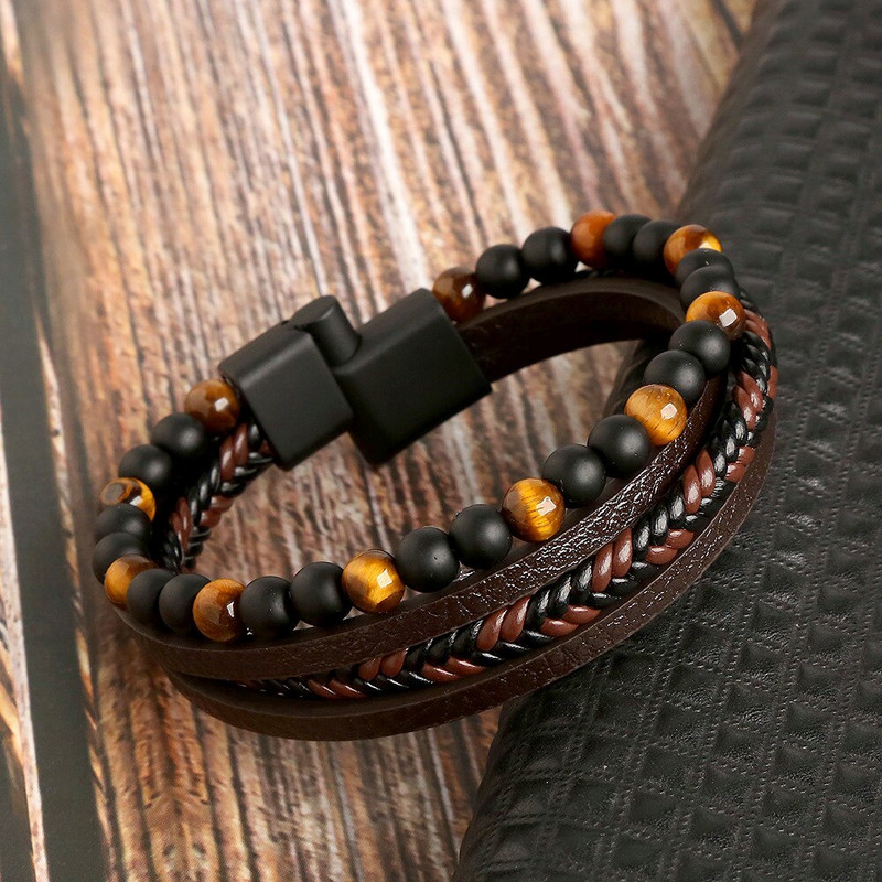Δερμάτινο ανδρικό βραχιόλι Κλασική μόδας Tiger Eye Beaded Multi Layer Δερμάτινο βραχιόλι για άνδρες Δώρο κοσμήματος