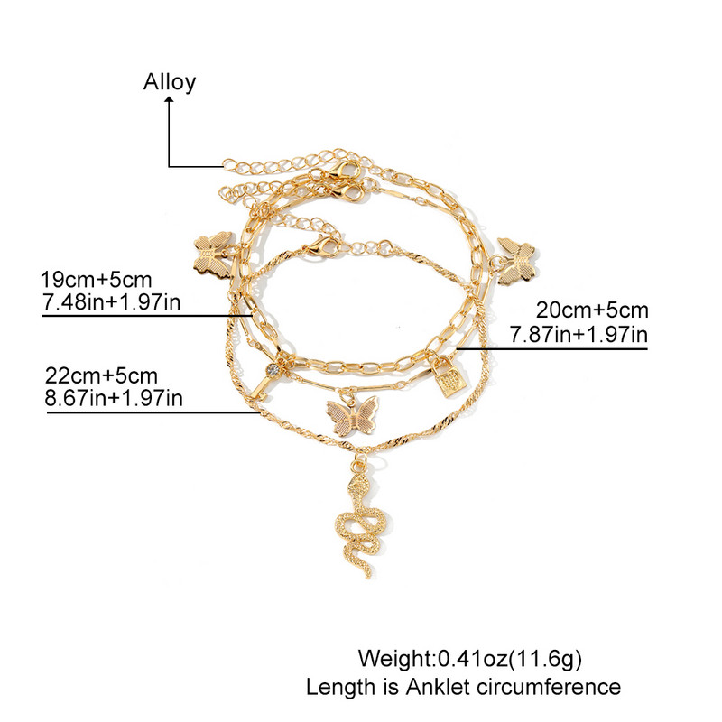 Bohemia auksinės spalvos drugelio gyvatės kulkšnies apyrankių rinkinys moterims.