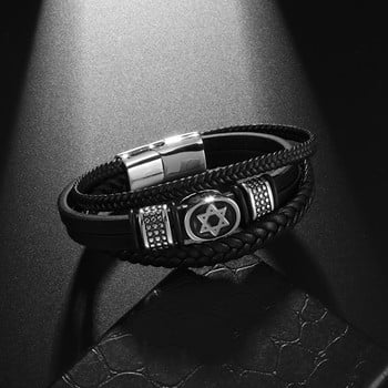 Ανδρικό Μόδα από ανοξείδωτο ατσάλι Star of David Layered Leather Braided Bracelet για ανδρικό βραχιόλι Στολίδι Δώρο για την Ημέρα των Πατέρων