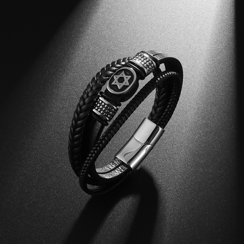 Vīriešu modes nerūsējošā tērauda Dāvida zvaigzne slāņveida ādas pīta rokassprādze vīriešiem Rokassprādze, ornaments Tēva dienas dāvana