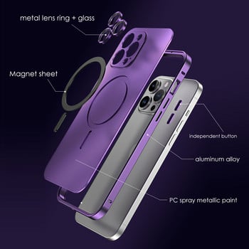 Магнитен калъф с алуминиева метална рамка за iPhone 13 12 14 15 Pro Max 15Plus Magsafe Безжично зареждане Стъклена леща PC Backboard Cover