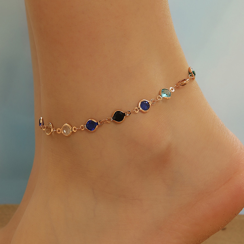 Boho Vintage Blue Crystal Anklet Link Ketid Käevõrud naistele Tüdrukute ehted Paljajalu Peen smaragdroosa ehted tüdrukutele kingitused