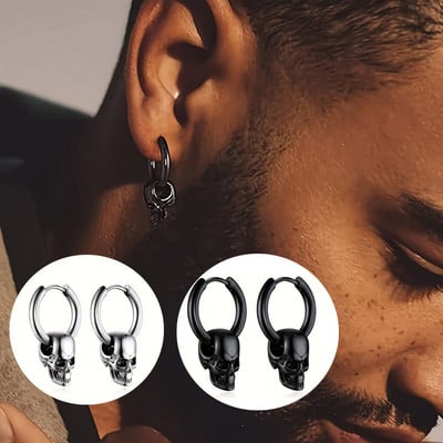 1Pair Skull Pendant Huggie Hoop Earrings For Women Men, Stainless Steel Punk Gothic Earring Studs, Halloween Jewelry