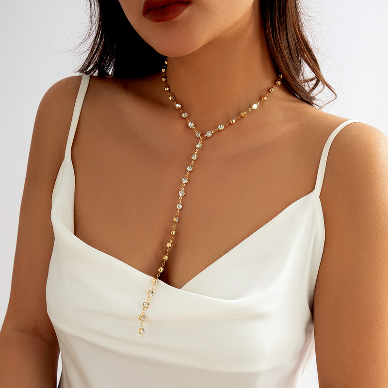 Lacteo Fashion Metal Link με Rhinestone Choker Κολιέ για Γυναικεία Κοσμήματα 2023 Γαμήλιο πάρτι σέξι κολιέ με μακρύ στήθος