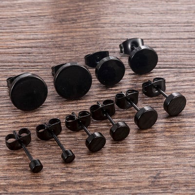 Moda femei bărbați negru rotund din oțel inoxidabil cercei simple urechi 5 dimensiuni bijuterii cercei punk
