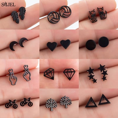 Mutiple Style Punk Small Black Earrings for Women Men Stainless Steel Cat Triangle Earrings Star Moon 2023 Fashion Jewelry Stud