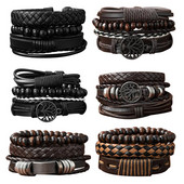 3-st mustast käsitsi valmistatud kootud PU-nahast käevõru komplekt meestele, mitme komplektiga moodne vintage punutud käevõru sünnipäevakingiks