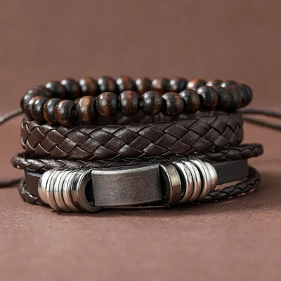 3-st mustast käsitsi valmistatud kootud PU-nahast käevõru komplekt meestele, mitme komplektiga moodne vintage punutud käevõru sünnipäevakingiks