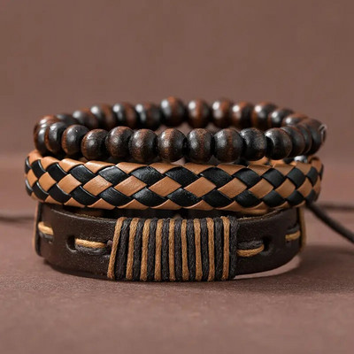 3-st mustast käsitsi valmistatud kootud PU-nahast käevõru komplekt meestele, mitme komplektiga moodne vintage punutud käevõru sünnipäevakingiks