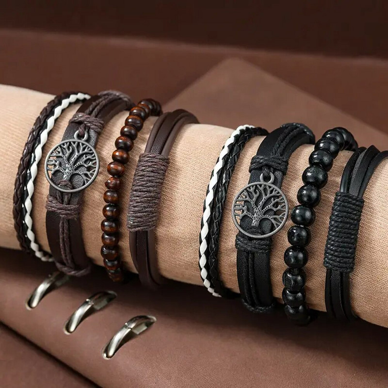 3-st mustast käsitsi valmistatud kootud PU-nahast käevõru komplekt meestele, mitme komplektiga moodne vintage punutud käevõru sünnipäevakingiks