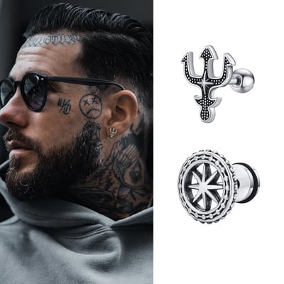 Punk Men`s Trident Stud Earrings, Ancient Greek God Poseidon Neptune Earrings Stainless Steel Ear Gifts for Him Jewelry