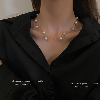 Европейски и американски елегантни двуслойни перлени низове огърлица с корейски модни бижута Секси верига за ключицата за жени