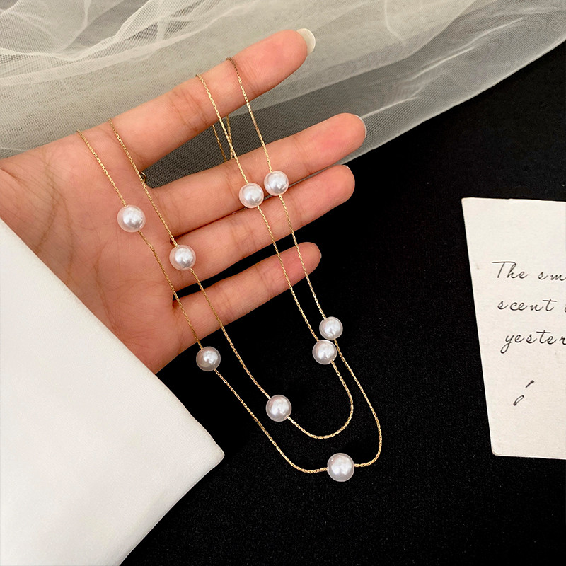 Elegantiškas europietiškas ir amerikietiškas dvisluoksnis perlų styginių kaklo papuošalas korėjietiški papuošalai Seksuali raktikaulio grandinėlė moteriai