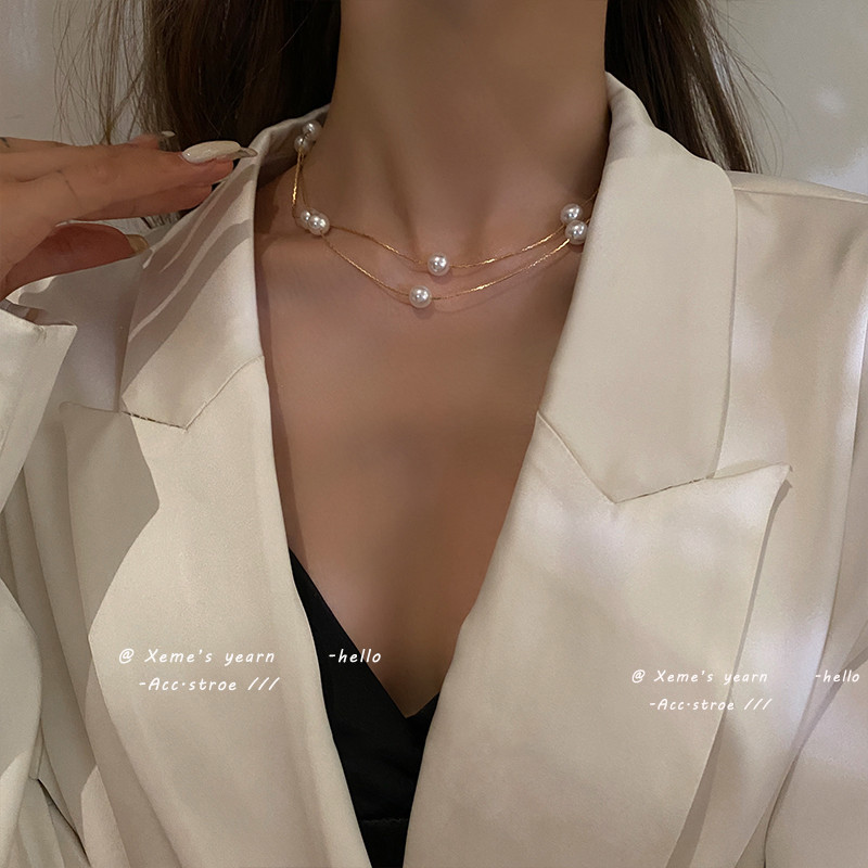 Elegantiškas europietiškas ir amerikietiškas dvisluoksnis perlų styginių kaklo papuošalas korėjietiški papuošalai Seksuali raktikaulio grandinėlė moteriai