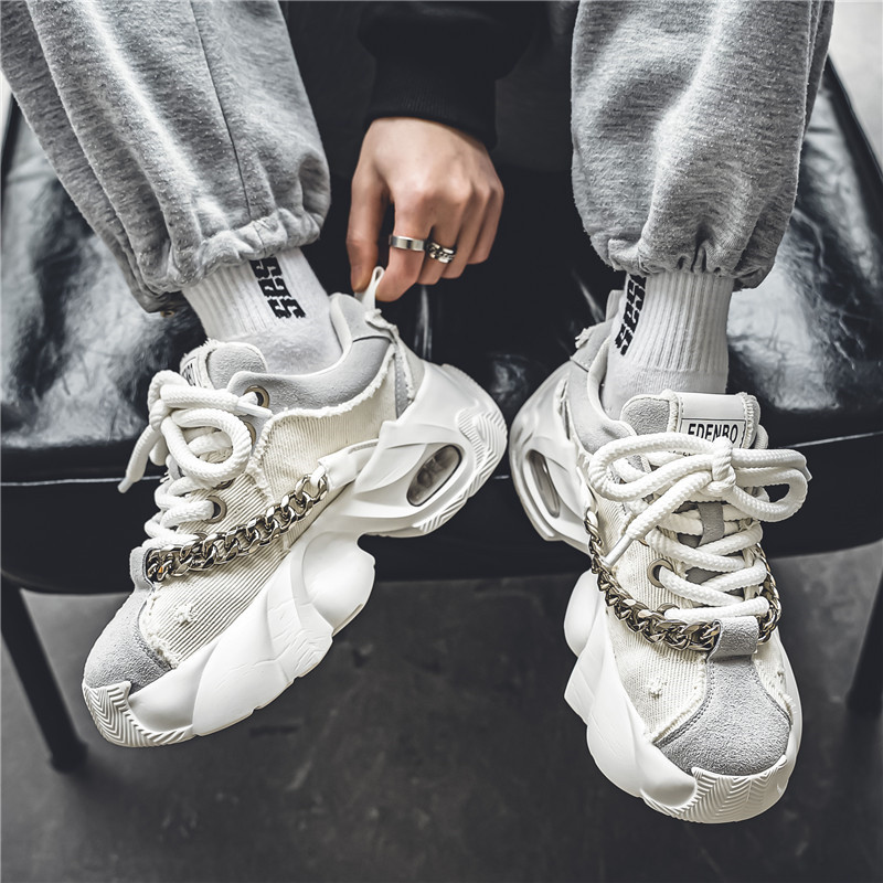 Madingi mėlyni džinsiniai laisvalaikio sportbačiai vyriški originalūs dizainerio platforminiai batai vyrams su aukštu kulnu Hiphopo stambūs sportbačiai, vyriški treniruokliai