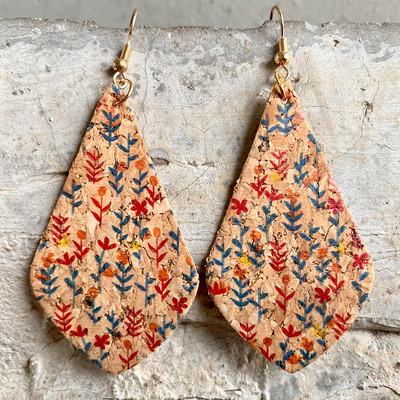 Slatke naušnice s otisnutim lišćem cvijeća i suzama od pluta za žene, naušnice za svaki dan u jesen 2021., starinski cvijet, besplatna dostava