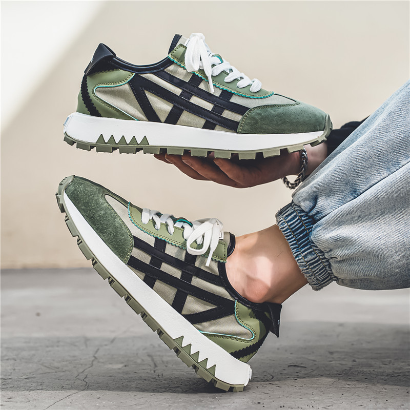 Madingi žalieji laisvalaikio sportbačiai vyriški, patogūs, kvėpuojantys vyriški, dideli, platforminiai sportbačiai, dizainerių skirti sportiniai batai, vyriški gatvės aprangos batai