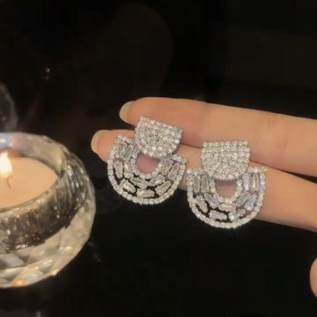 Висококачествени геометрични полукръгли обеци с уникален темперамент, пълен с диаманти и луксозни обеци