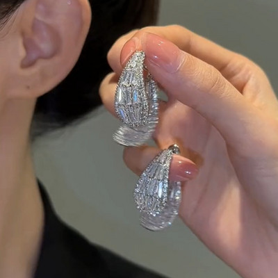 Луксозни обеци с двойни перли с цирконий за жени Деликатни обеци с кристални капки