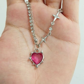 Колие с висулка Y2K Pink Crystal Heart Women Sweet Cool Girl Punk Clavicle Chain Модно естетично колие Бижута Подаръци 2023 г.