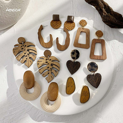 AENSOA Vintage Geometric Wood Drop Earrings for Women Ръчно изработени кафяви цветни листообразни кръгли кръгли дървени обеци Бижута 2022