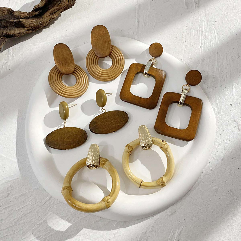 AENSOA Vintage Γυναικεία Σκουλαρίκια Γεωμετρικά Ξύλινα Χειροποίητα Καφέ Χρώμα Φύλλου Στρογγυλού Κύκλου Ξύλινα Σκουλαρίκια Κοσμήματα 2022